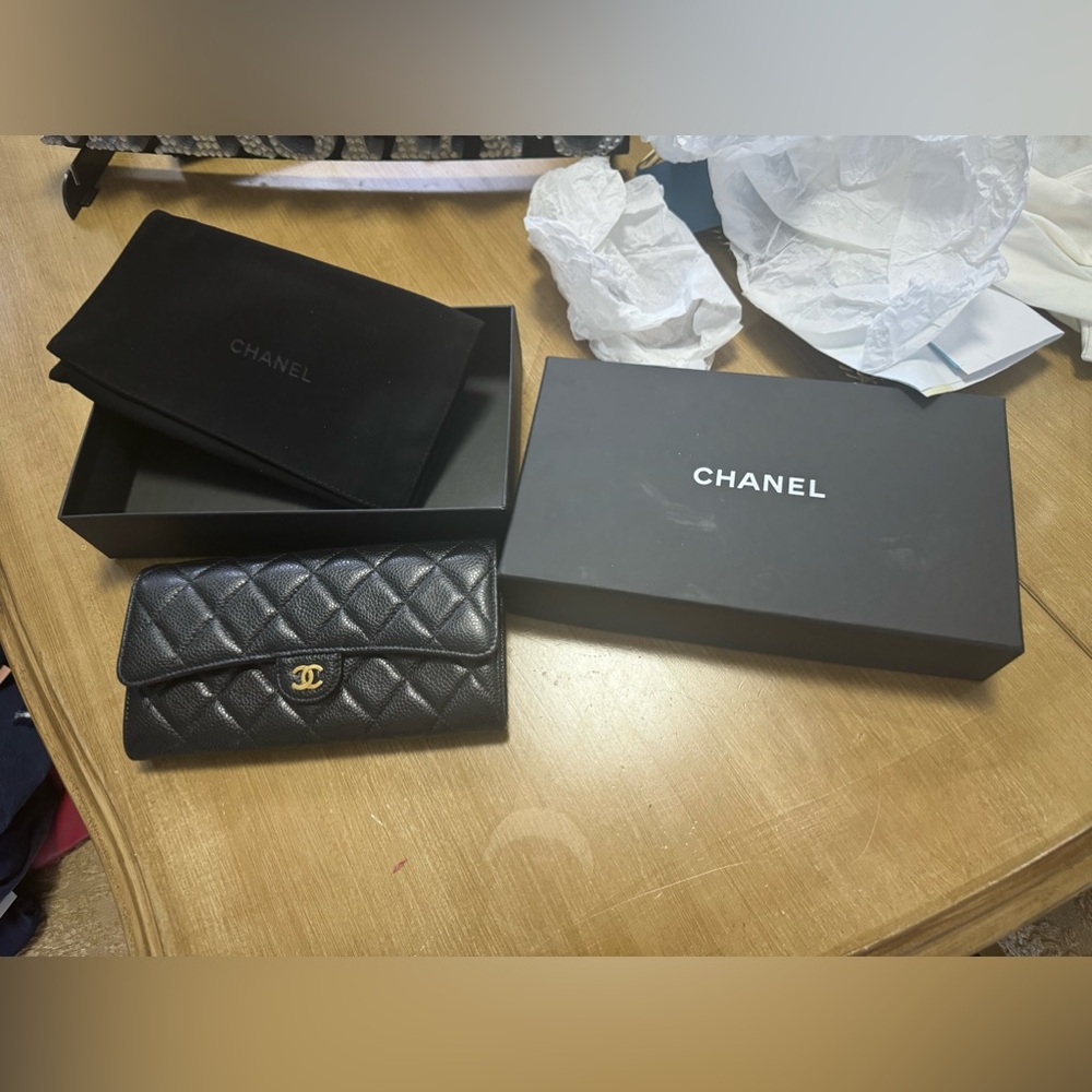 Chanel Caviar Long Flap Wallet with gold hardware